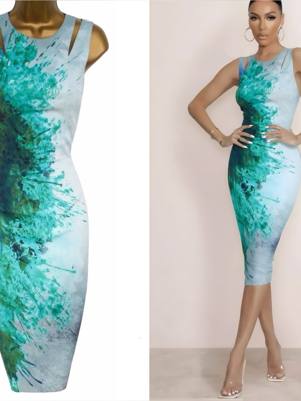 Karen Millen Aqua and Teal Abstract Sheath Dress